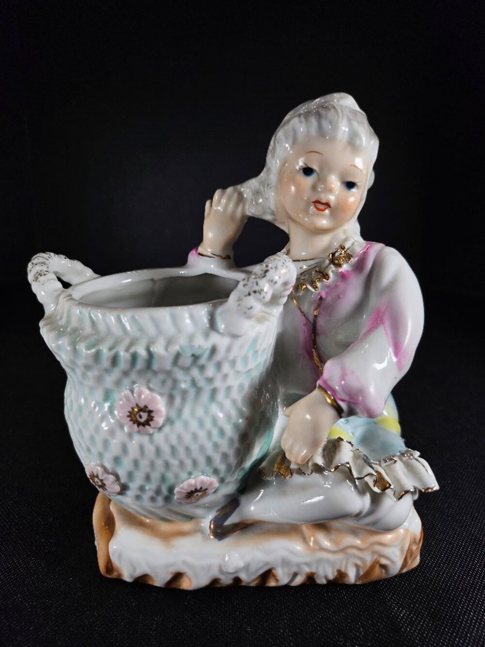 Vintage Bisque Victorian Boy Holding A Woven Floral Basket Figural Planter